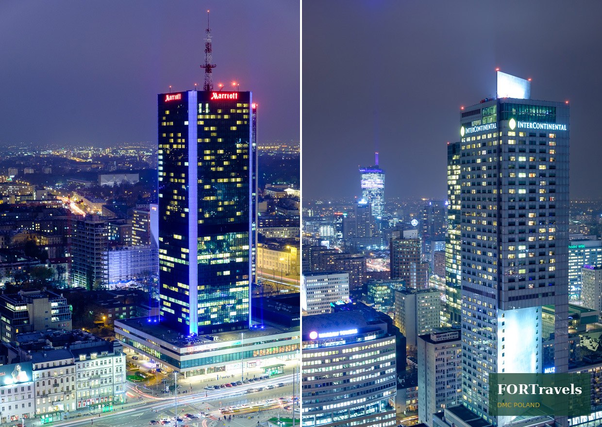 Wieżowce warszawskiego centrum biznesowego po zmroku