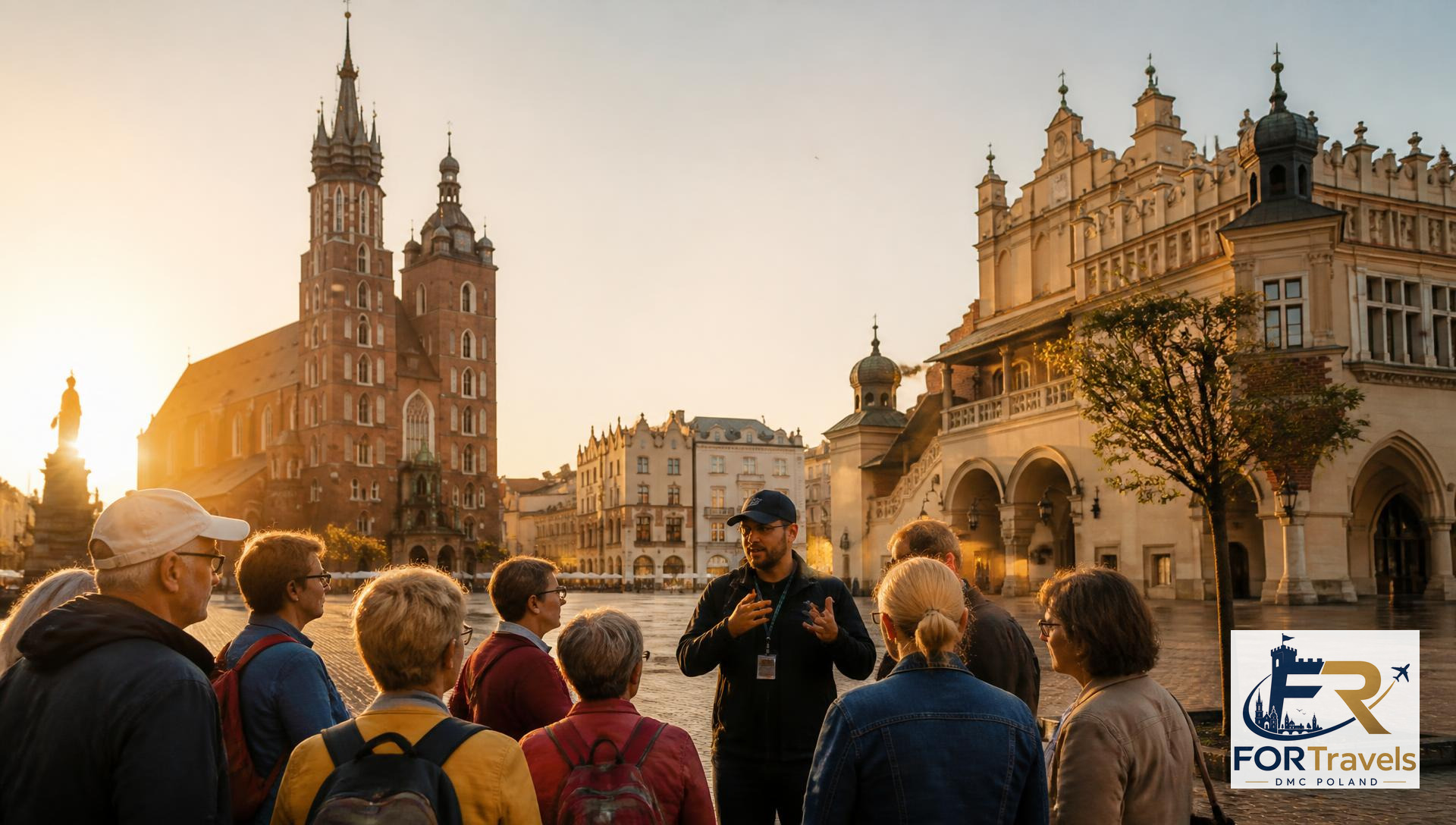 Przewodnik FORTravels z grupą na Rynku Głównym w Krakowie przy Kościele Mariackim – FORTravels DMC Poland